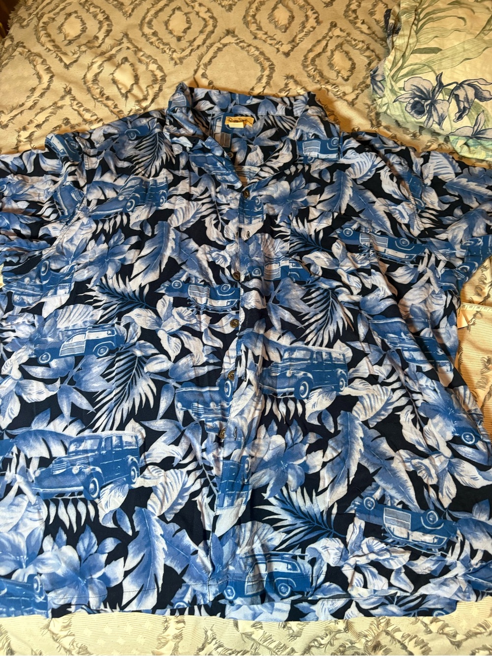 Tommy Bahama Navy and Light Blue Tropical Car Print Button-Down Shirt